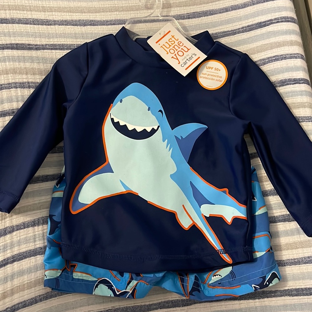 Carter’s long sleeve shark swim top and shorts